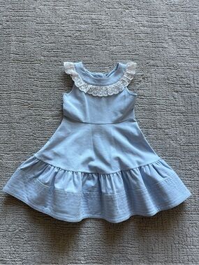 Janie and Jack Pale Blue Sleeveless Dress with White Lace Ruffle
